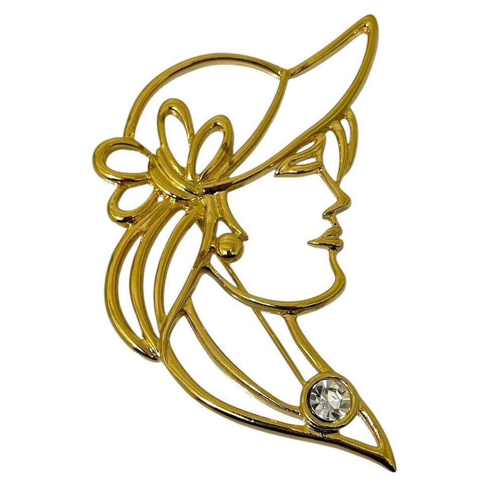 Vintage Signed Tona Brooch Woman Lady Hat Pin Gold Tone
